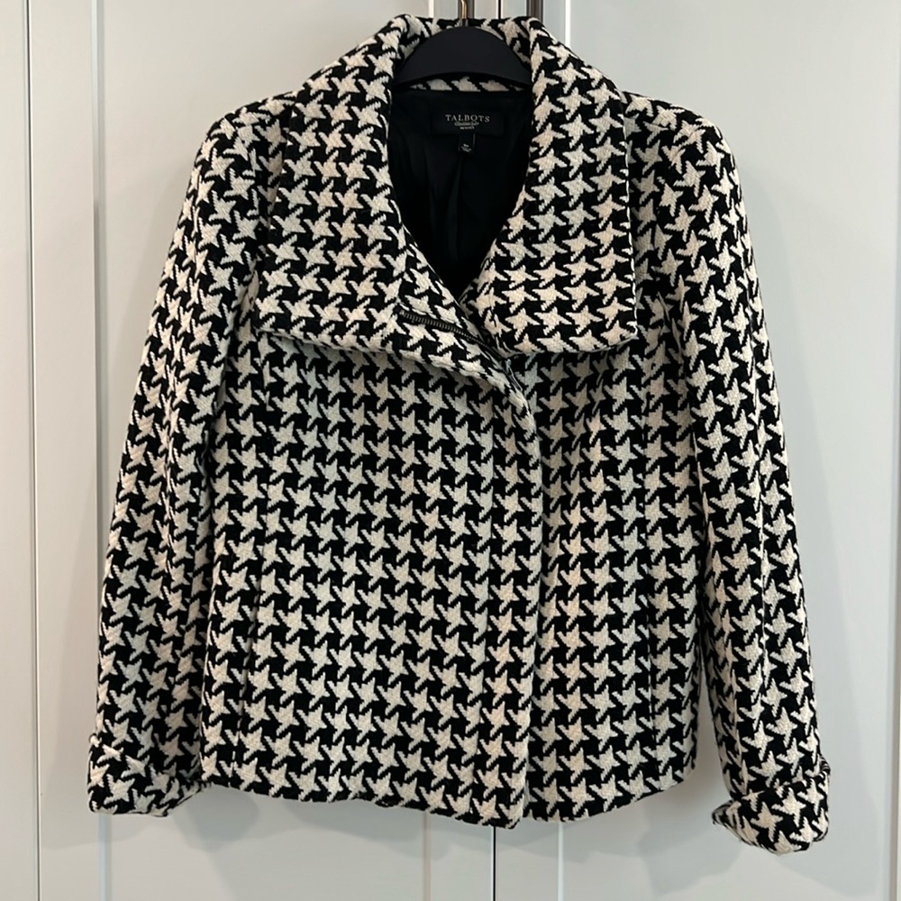 Talbots Houndstooth Wool-Blend Asymmetrical Zip Moto-Style Jacket Size 8P